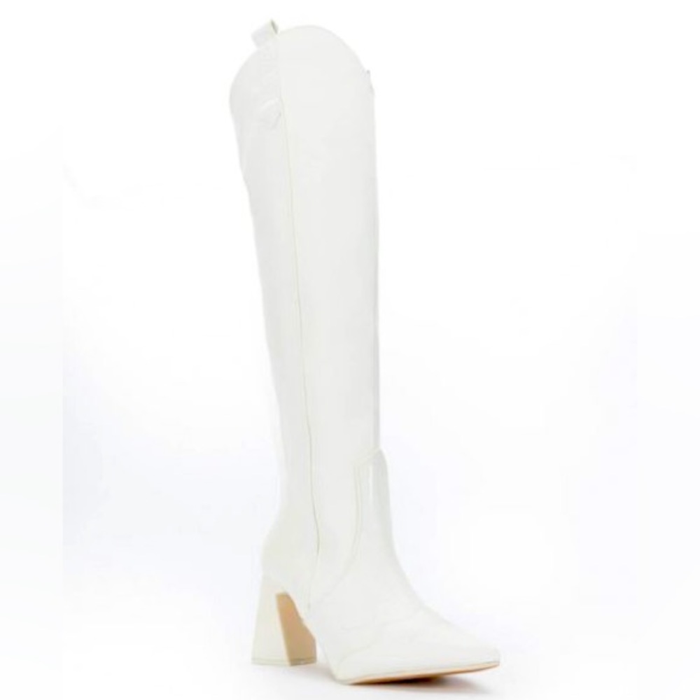 White Leather Knee High Western Cowboy Boots - Picture 4 of 5